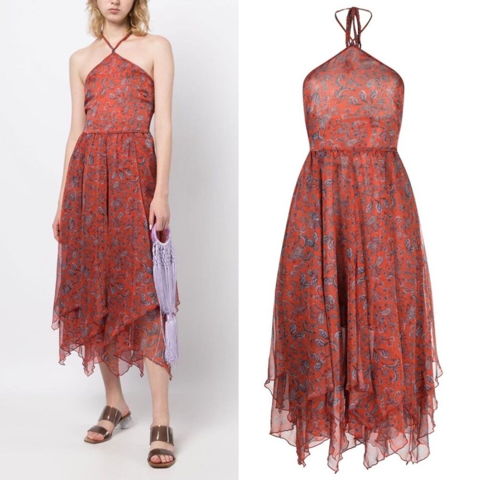 Misa Los Angeles Adele Paisley Halter Handkerchief Hem Dress Midi Layered Large